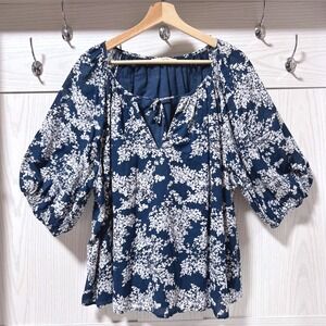 Abercrombie Fitch Womens Navy White Floral Print Boho Peasant Blouse Top XL